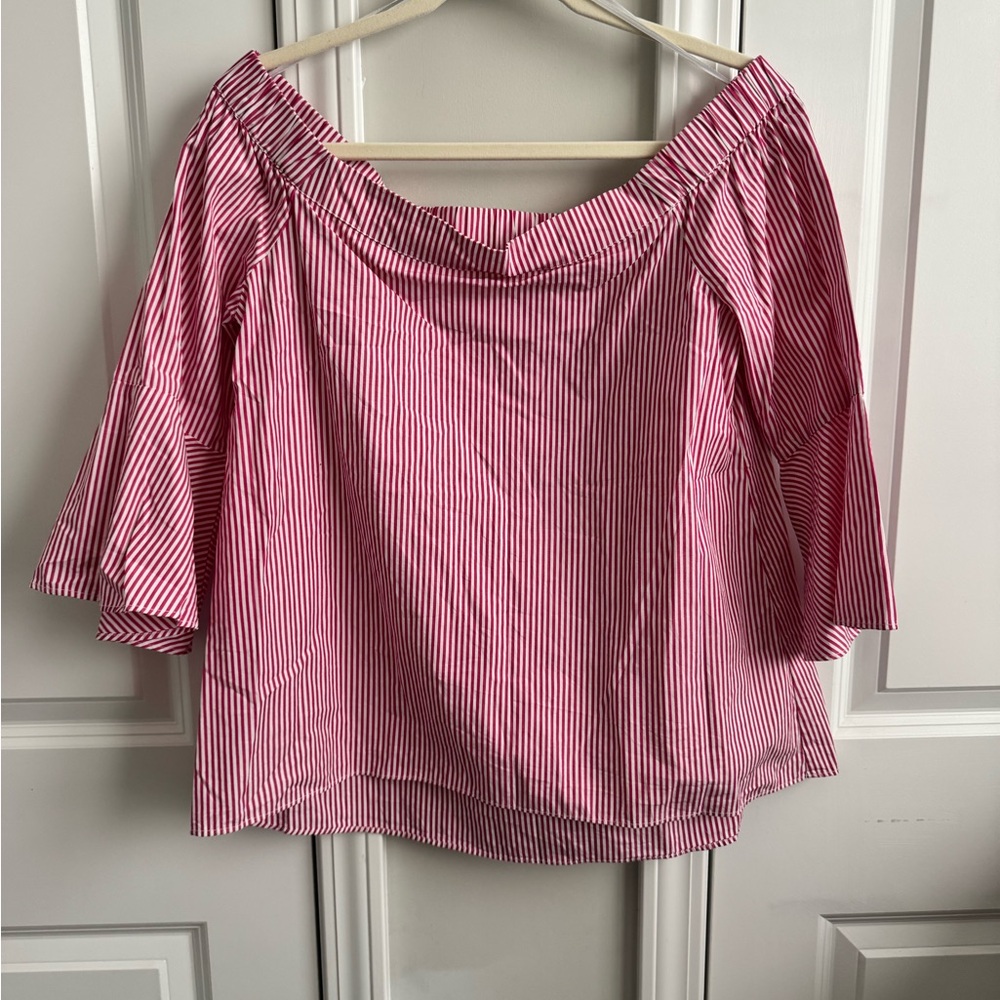 Neiman Marcus Pink and White Striped Off-Shoulder Blouse